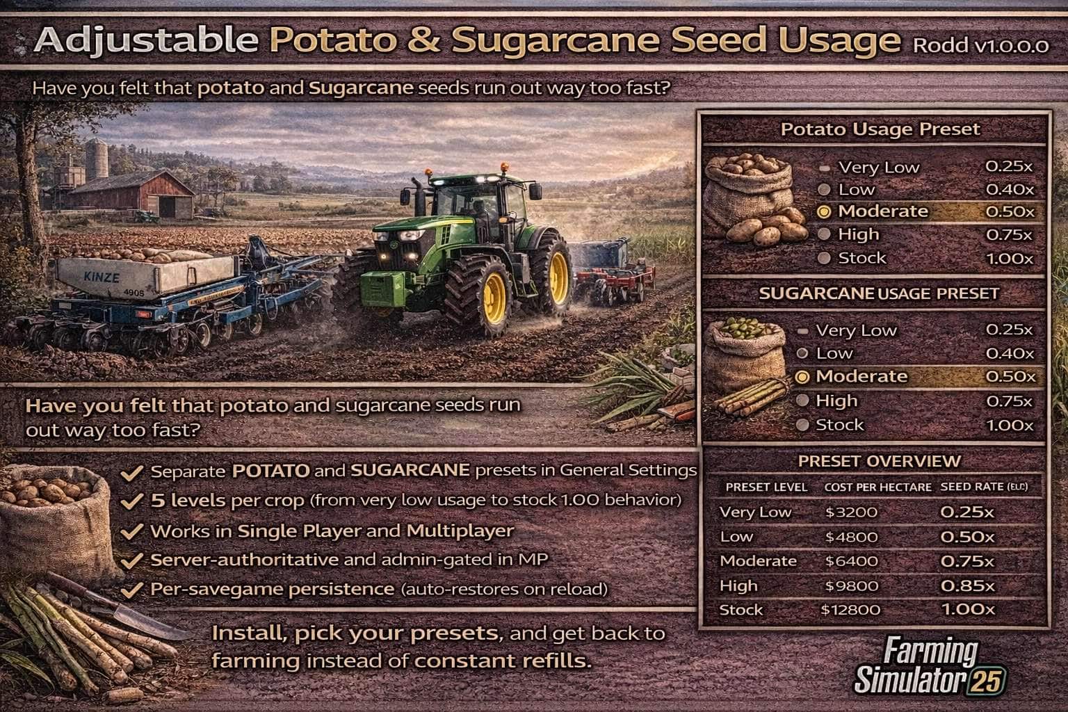 Adjustable Potato Sugarcane Seed Usage Rodd v1.0